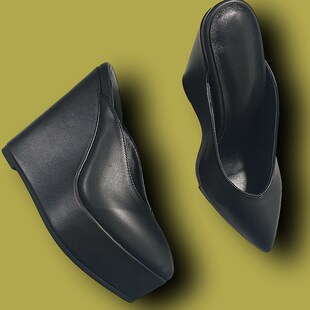 尖头拖鞋 包头拖 凉拖V口 外穿 厚底女真皮 黑色 半拖2021新款 坡跟