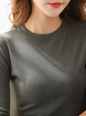 小圆领长袖t恤女纯棉大码修身内搭老人秋衣40岁中年妈妈打底衫t桖