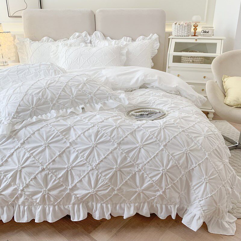 四季款纯棉床上四件套纯色公主风宿舍少女被套床单纯棉床上水洗棉