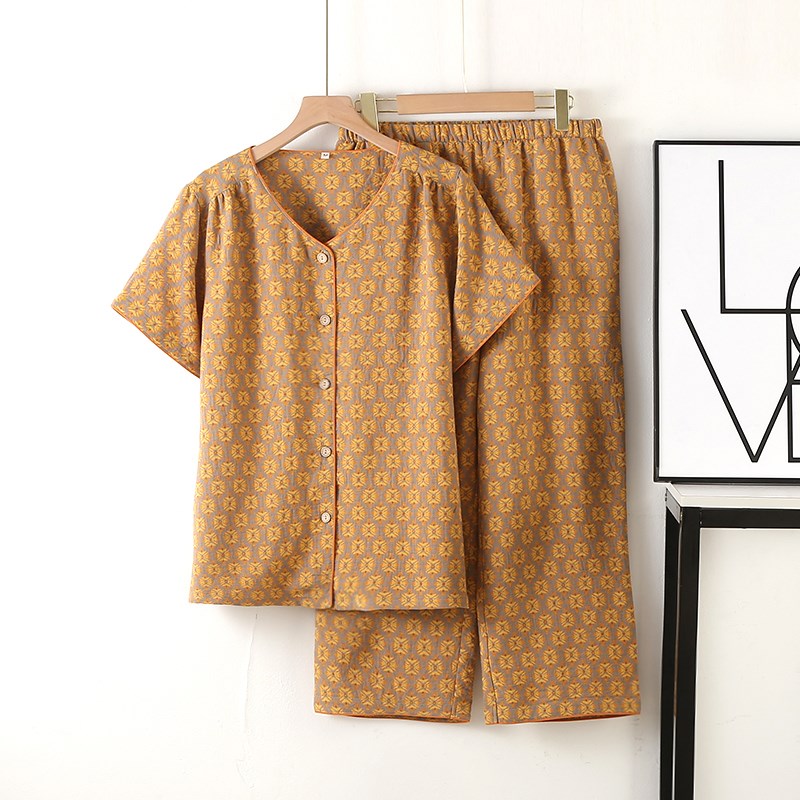 复古国风色织纯棉纱布短袖七分裤睡衣女夏季薄款家居服套装中老年