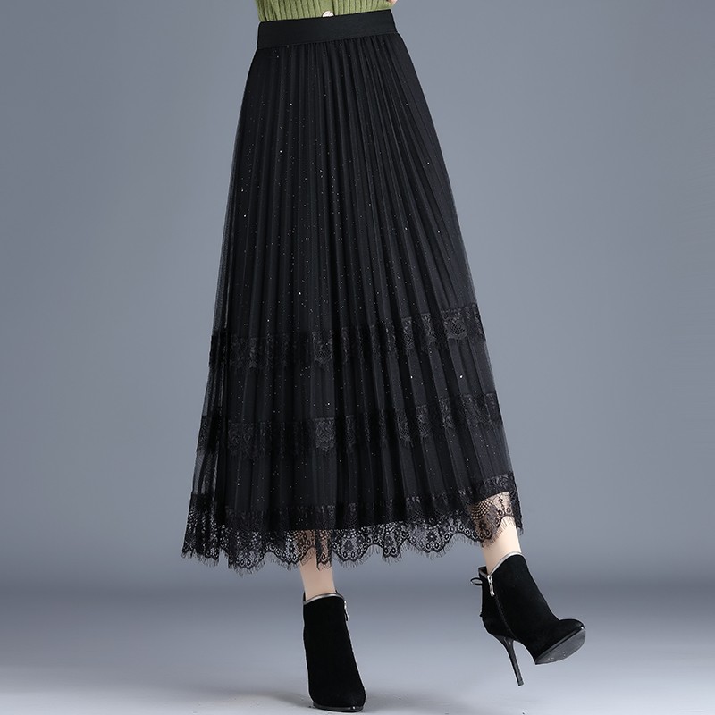 两面穿百褶裙网纱半身秋冬女2021新款气质裙高腰中长款蕾丝边纱裙