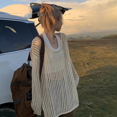 慵懒风镂空中长款毛衣女春夏外穿高级感宽松圆领上衣长袖针织罩衫