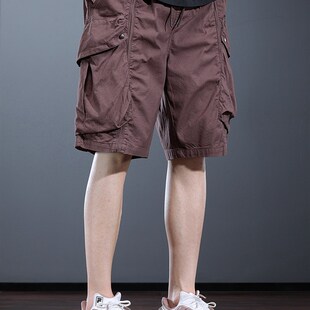 男夏季 宽松运动外穿大裤 潮牌工装 多口袋中裤 衩 五分裤 棕色休闲短裤