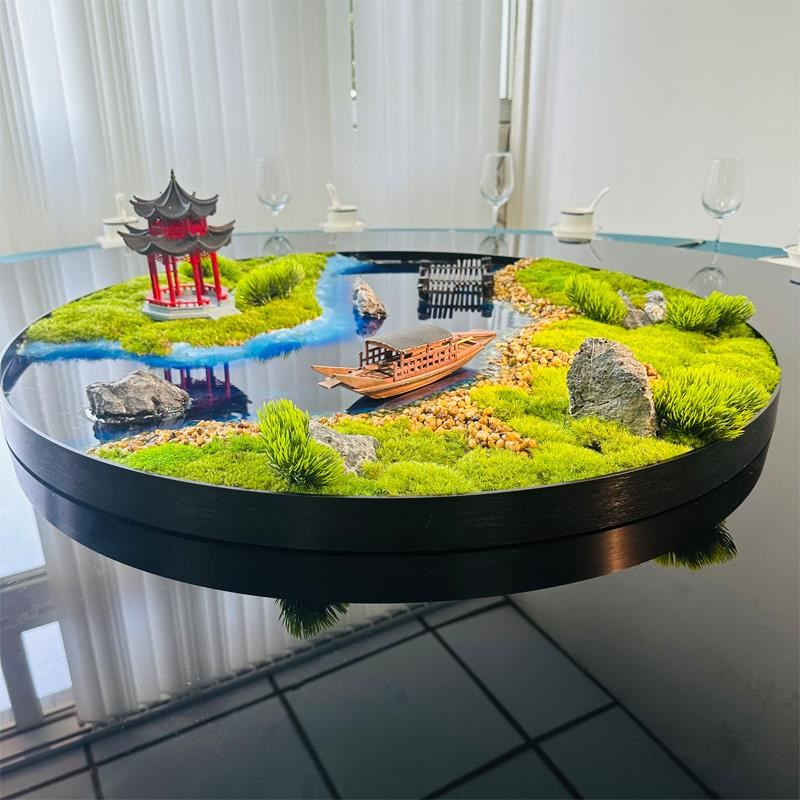 新中式酒a店餐桌桌花大型圆桌中间摆花转盘桌面创意装饰摆件微景