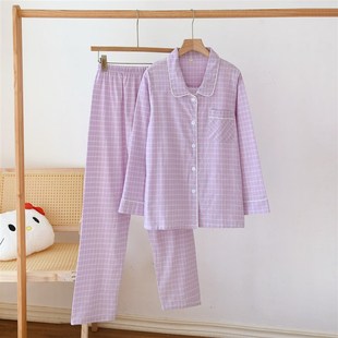 全棉长袖 男女春秋季 水洗棉情侣睡衣家居服套装 长裤 薄.款 格子四季