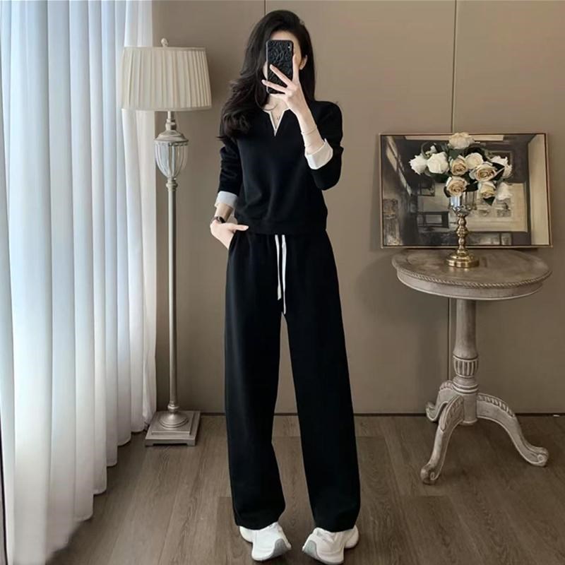 时尚休闲V领长袖显瘦阔腿裤运动套装女春秋N高级感减龄穿搭一整套