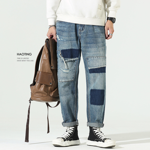 秋冬季男士拼接乞丐牛仔裤宽松个性潮流贴布直筒长裤胖子大码裤子