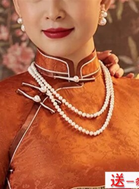 配旗袍珍珠项链喜婆婆妈妈款颈链多层双层锁骨配饰品女毛衣链156