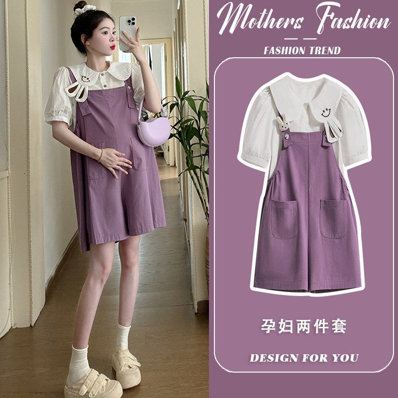 孕妇套装白色短袖薄款上衣韩版宽松休闲背带短裤两件套2025新款夏,孕妇装/孕产妇用品/营养,连衣裙,淘宝优惠券,粉丝福利购,淘宝优惠卷