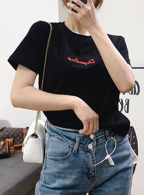 定制款 夏2020新款刺绣红色小字母精致短袖T恤女白黑色棉上衣半袖