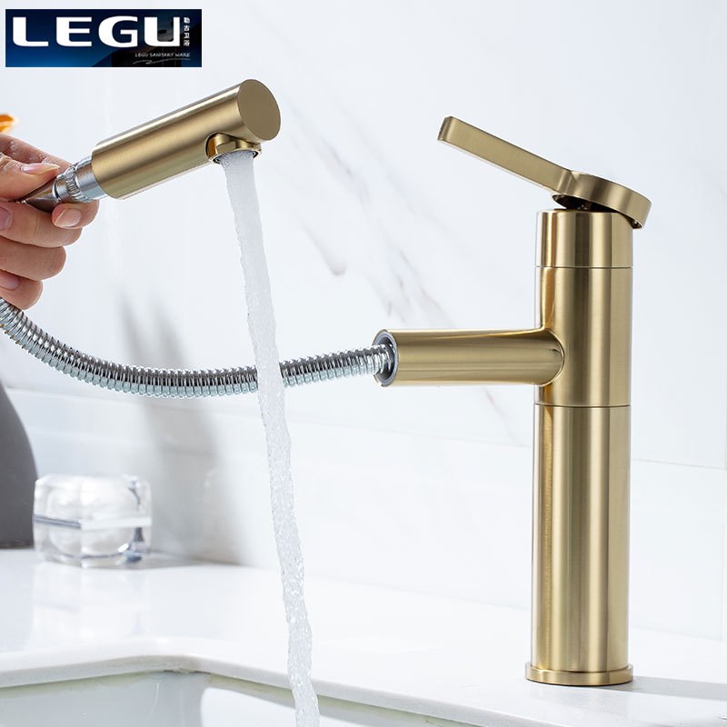 抽拉浴室洗面盆龙头全铜旋转艺术盆高位冷热拉丝金水龙头家用全铜