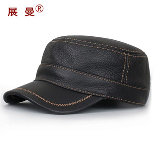 平顶帽男单层牛皮帽子p男冬季真皮中老年人韩版机车青年保暖男帽
