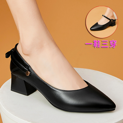 真皮工作鞋女黑色皮鞋上班久站不累脚单鞋职业面试女鞋两穿高跟鞋