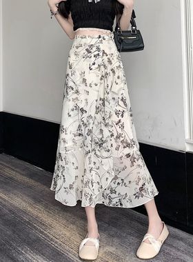 碎花包裙女2024新款夏季荷叶边系带开叉中长裙子一片式雪纺半身裙