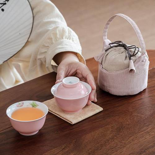 色釉手绘旅行茶具套装中式一人饮女生盖碗便携户外露营茶快客杯