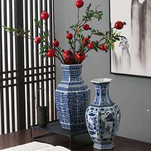 仿古手绘青花瓷花瓶摆件中式古香古色客厅陶瓷花瓶新中式花瓶摆件