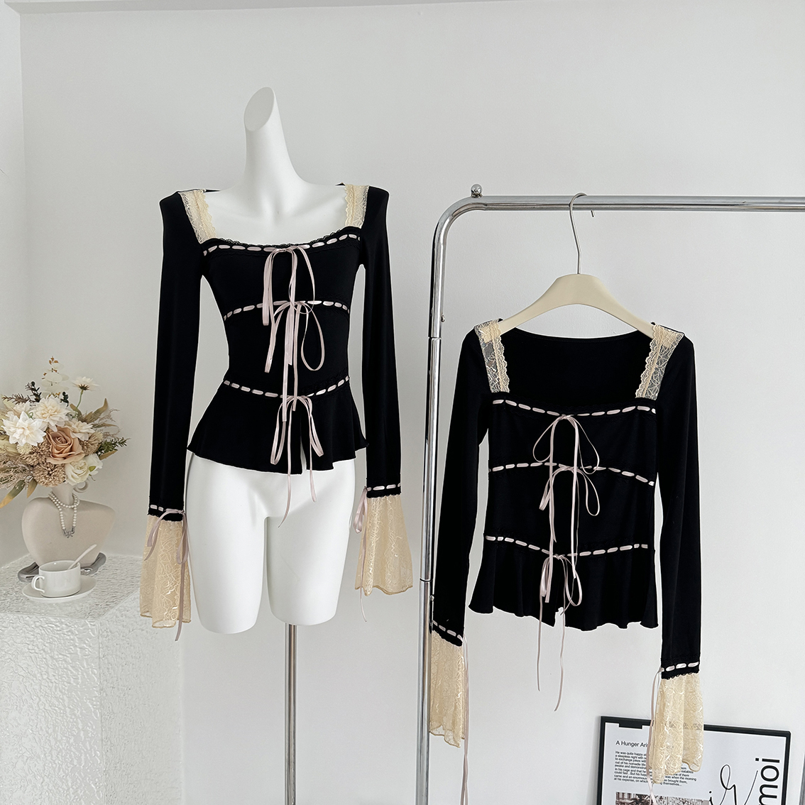 溺水三鱼NSSY蕾丝拼接针织黑色t恤女纯欲喇叭袖长袖秋季上衣