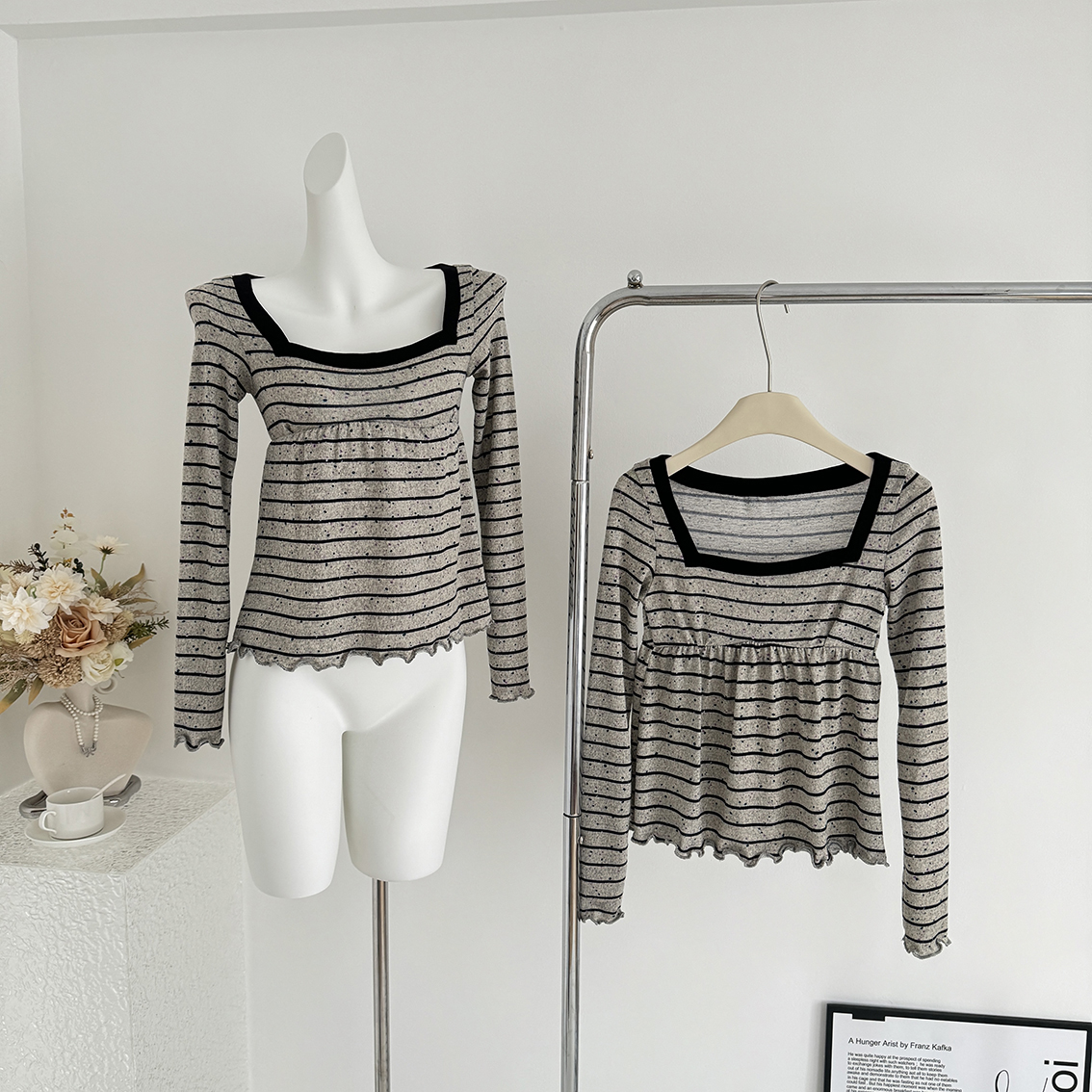 NECY 方领撞色条纹长袖t恤女波点满印设计早秋显瘦娃娃衫卷边上衣
