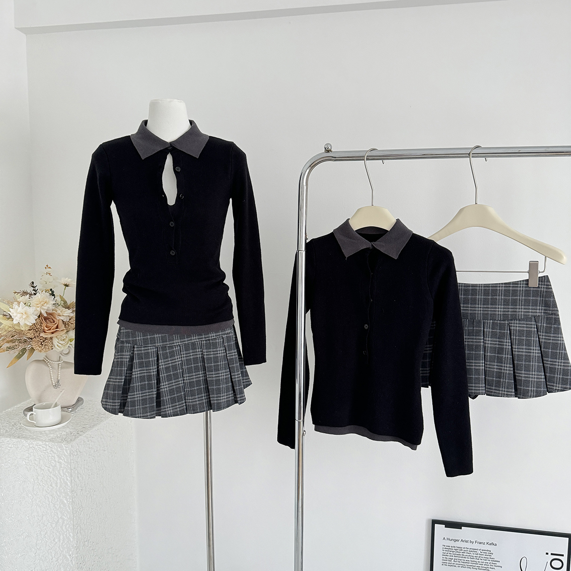 下周六女秋美式辣妹假两件长袖POLO衫上衣黑灰色拼接针织毛衣