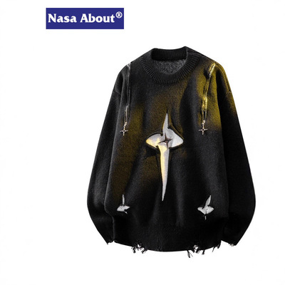 NASA ABOUT美式复古重工钩花毛衣冬季高级感设计感男士破洞