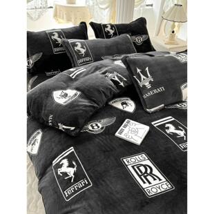 男生黑色个性加绒四件套法兰绒双面珊瑚牛奶绒被套床单三件套耐脏