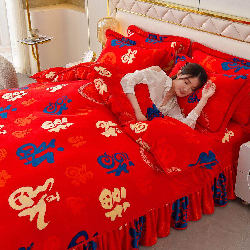 冬季加厚保暖牛奶绒床裙四件套双面加绒珊瑚绒法兰绒被套床上用品