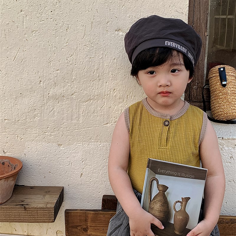 暮晨家新款夏装2024男童坑条无袖背心宝宝撞色包边T恤衫薄款上衣