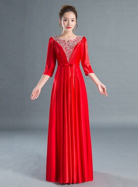 合唱演出服装成人女新款春长裙中老年大合唱团长款宴会晚礼服定制