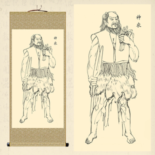 人文初祖神农氏挂画炎帝画像卷轴画神话人物丝绸画中医养生馆挂轴