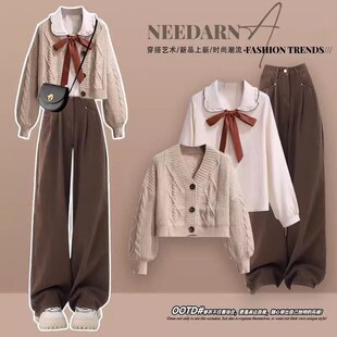 法国女童秋装2024新款套装洋气时髦毛衣12初中学生衬衫外套牛仔裤