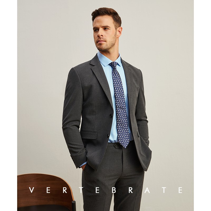 脊椎动物男装深灰色两粒扣工作服基础百搭色纺面料绅士修身西装