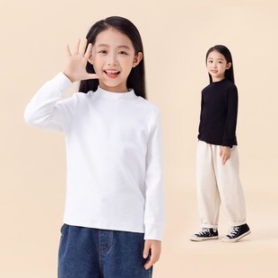 女童加绒打底衫秋冬2024新款儿童半高领内搭t恤纯棉黑色童装长袖