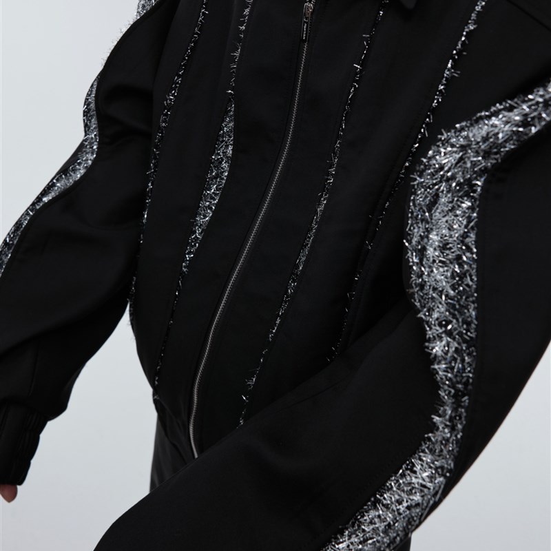 ArguE秋季小众解构分割亮片设计感垫肩短款外套高级黑色夹克男女