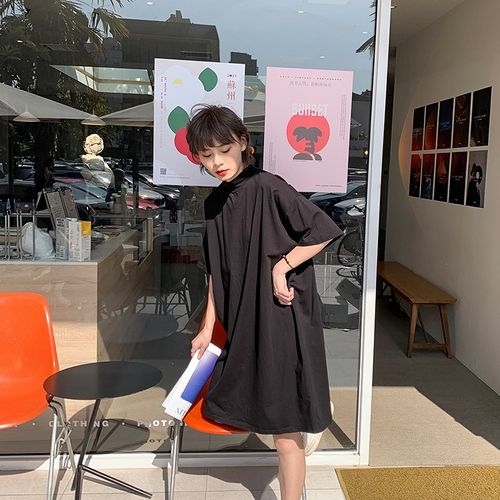 2024夏季新款纯棉半高领t恤女短袖洋气大版宽松显瘦中长款打底衫T