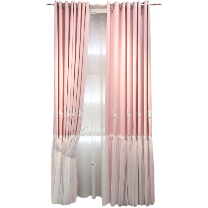 可爱卡通粉色韩式公主儿童房窗帘遮光布女孩卧室少女飘窗定制云朵