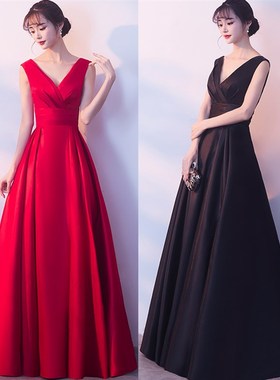 红色晚礼服裙平时可穿V领高端合唱演出服无袖长款连衣裙新娘优雅