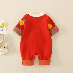 婴儿衣服春秋针织连体毛衣红色满月公主爬服男女宝宝喜庆周岁套装