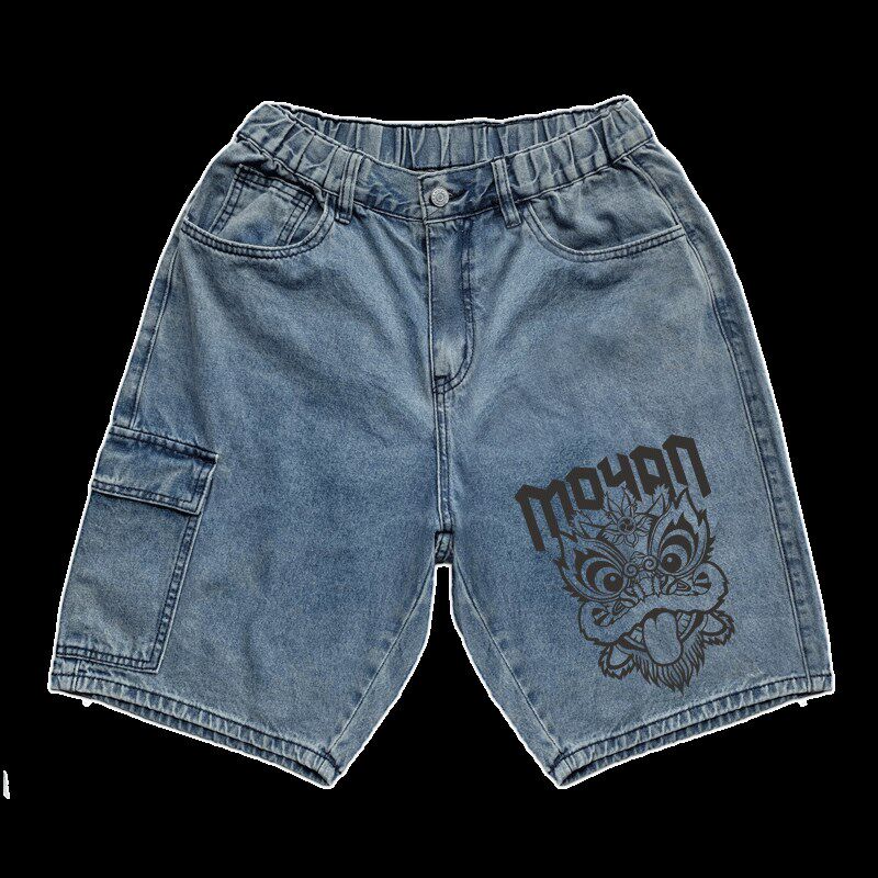 胖子重磅牛仔短裤男士口袋宽松过膝加肥加大码纯棉夏季中裤五分裤