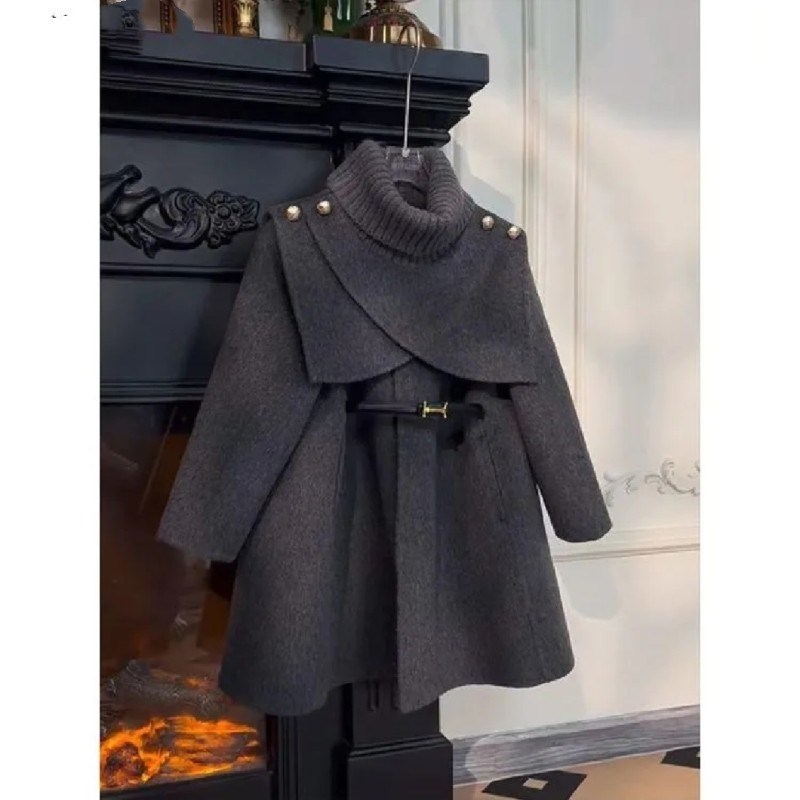女童双面呢子大衣外套新款秋冬加厚灰色斗篷围巾洋系腰带气质风衣