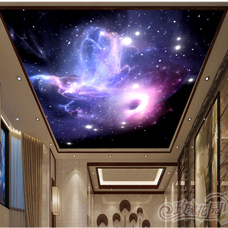 天花板装饰吊顶壁纸房顶墙贴画3D立体墙纸宇宙星空太空星云自粘画