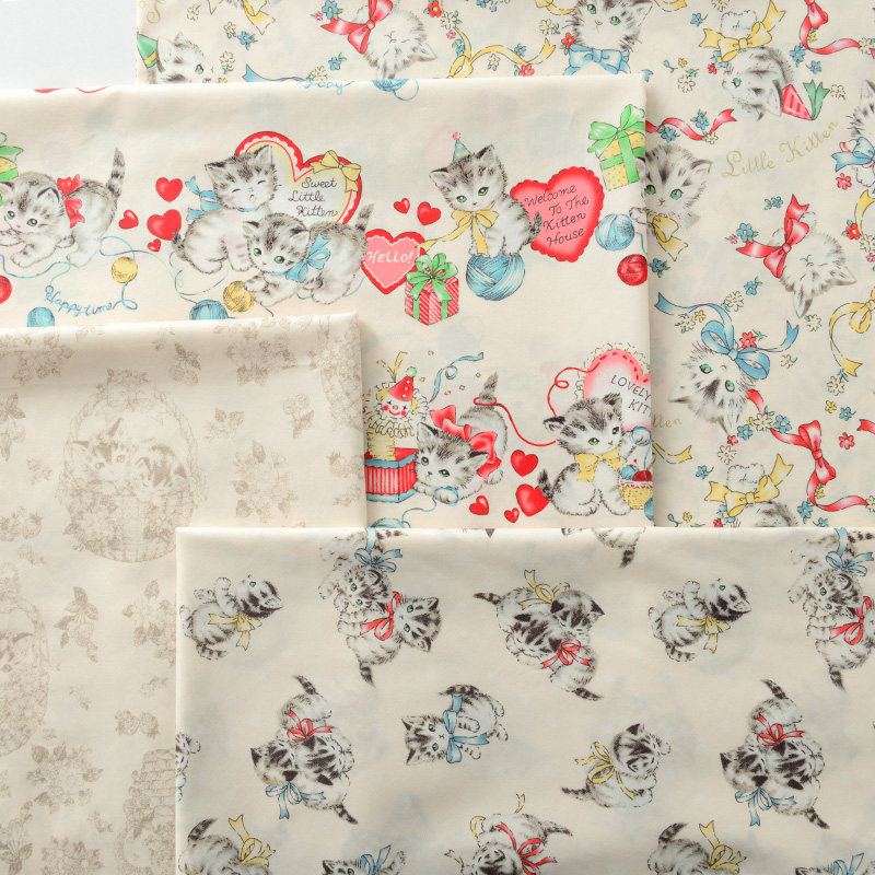 60支精梳纯棉卡通猫咪布衣服裙子童装Lolita手工平纹猫星全棉面料