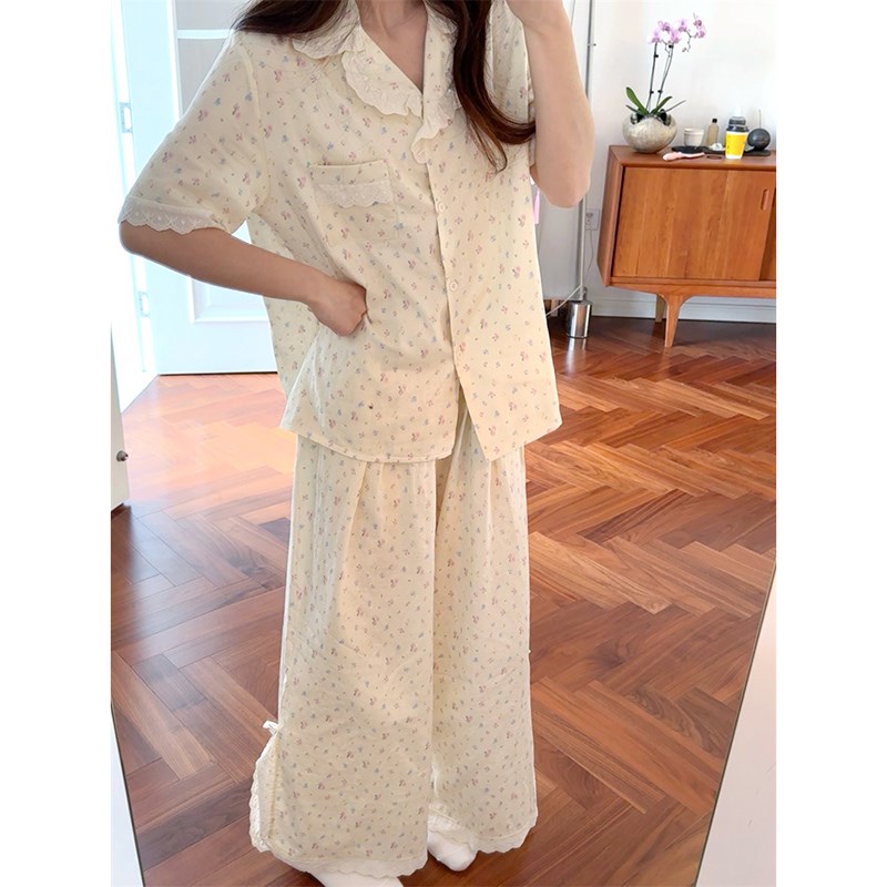甜美奶油碎花棉纱睡衣女款夏季蕾丝花边领短袖长裤家居服开衫套装