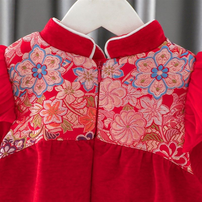 汉服女童连衣裙冬装婴儿宝宝一周岁礼服红色抓周宴儿童公主裙冬季