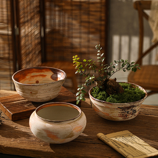 景德镇陶瓷花盆覆古柴烧工艺诧寂风花器小号素烧摆件绿植茶室装饰