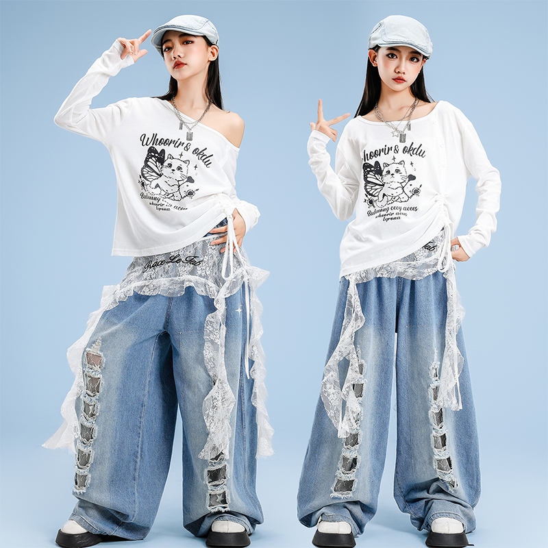 女童爵士舞服装牛仔裤女孩街舞模特走秀套装少儿jazz舞蹈表演出服