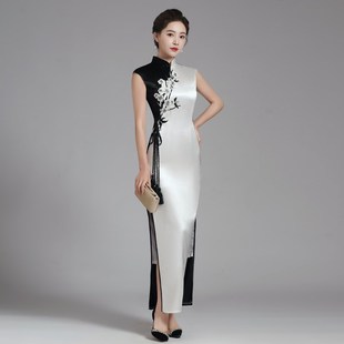 高端走秀旗袍高贵改良日常长款礼仪旗袍裙2022夏季演出服黑白撞色