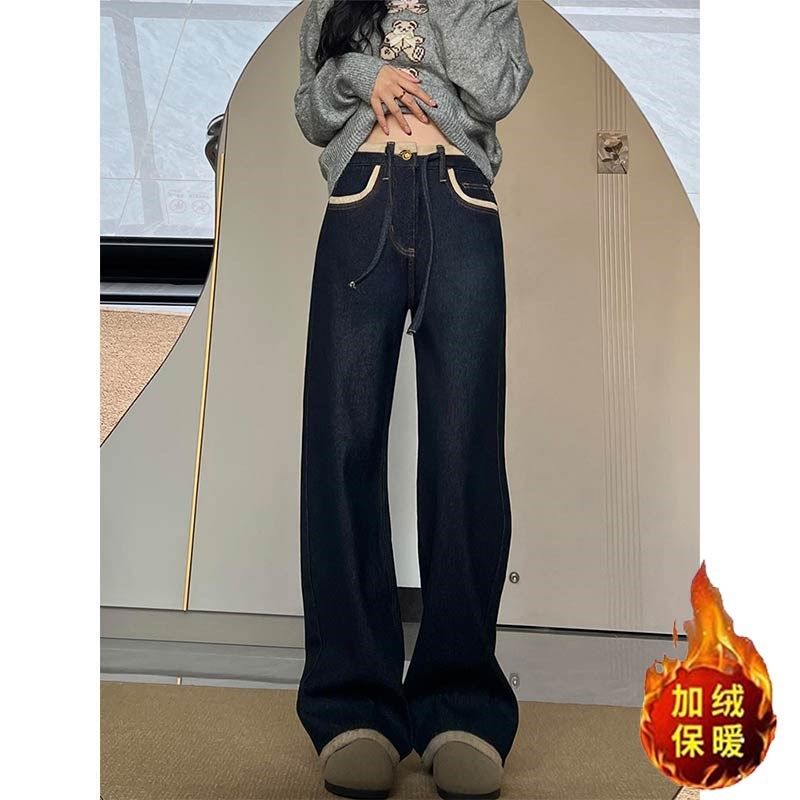 加绒加厚深蓝色直筒牛仔裤女冬季新款胖妹妹mm高腰宽松显瘦阔腿裤