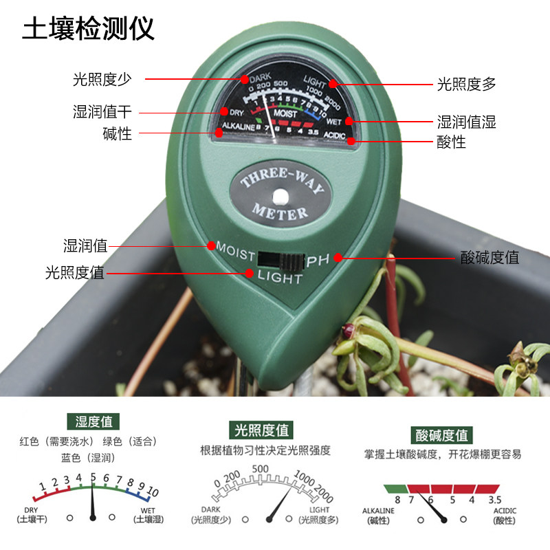 土壤检测仪三合一盆土ph值湿度计光照度试笔园艺家用酸碱度检测仪