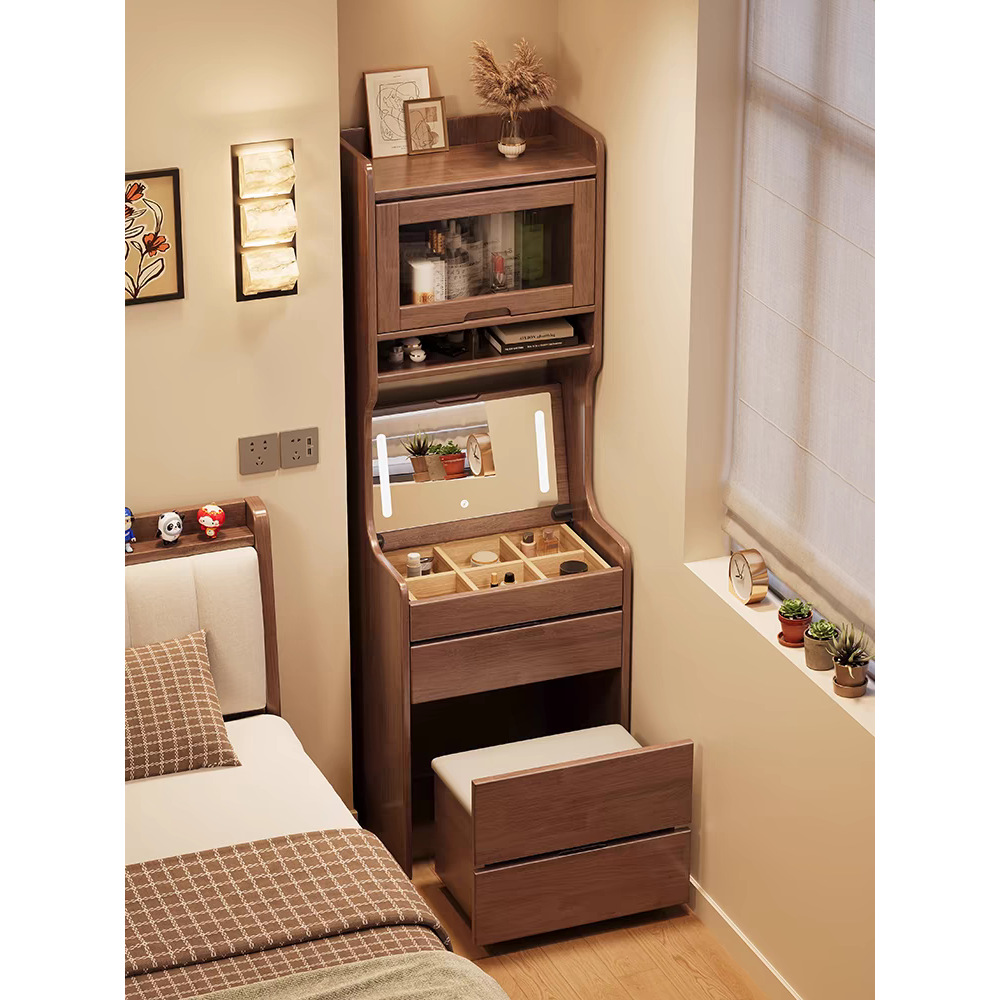 实木梳妆台小型卧室化妆桌小户型翻盖床头书桌书架一体收纳置物柜