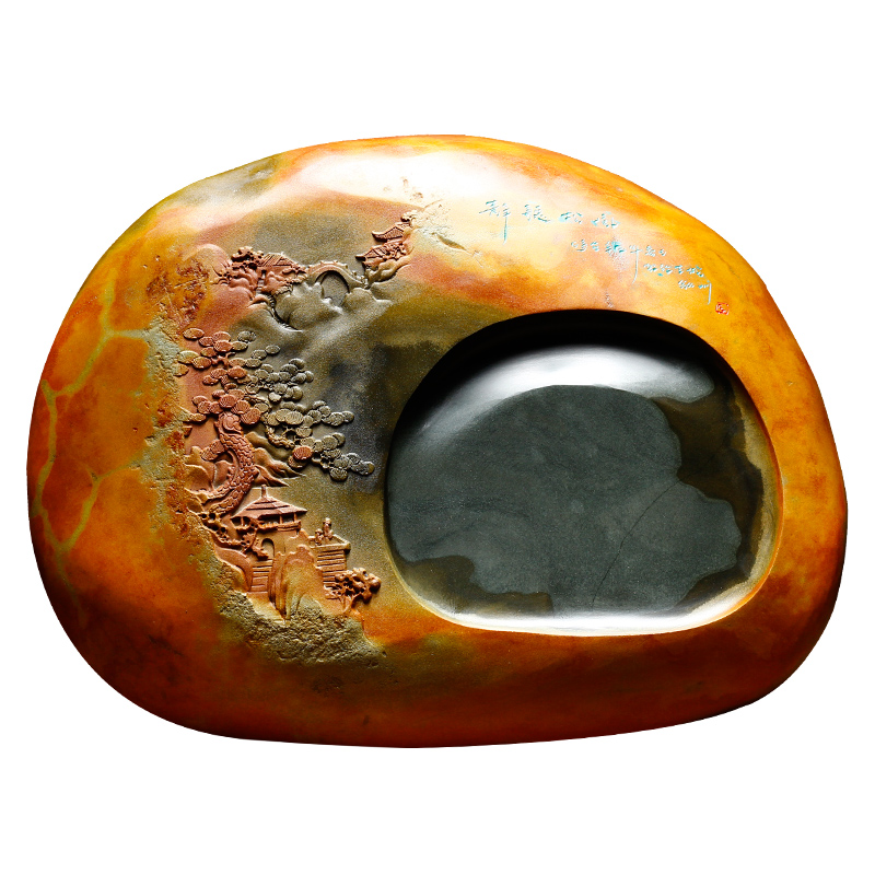 万石君 非遗安徽歙砚老坑孤品 名师精品龙尾山金皮籽料原石砚台